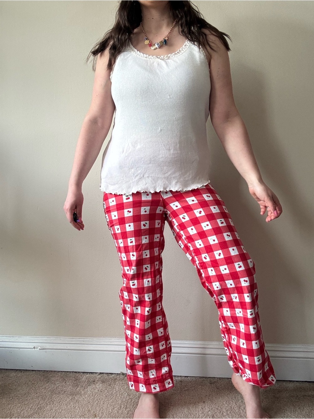 OAT New York Red Cherry-Print Gingham Pants